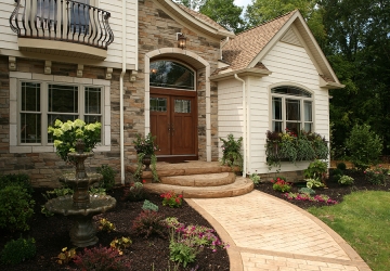 front of custom home with decorated block steps and sidewalk